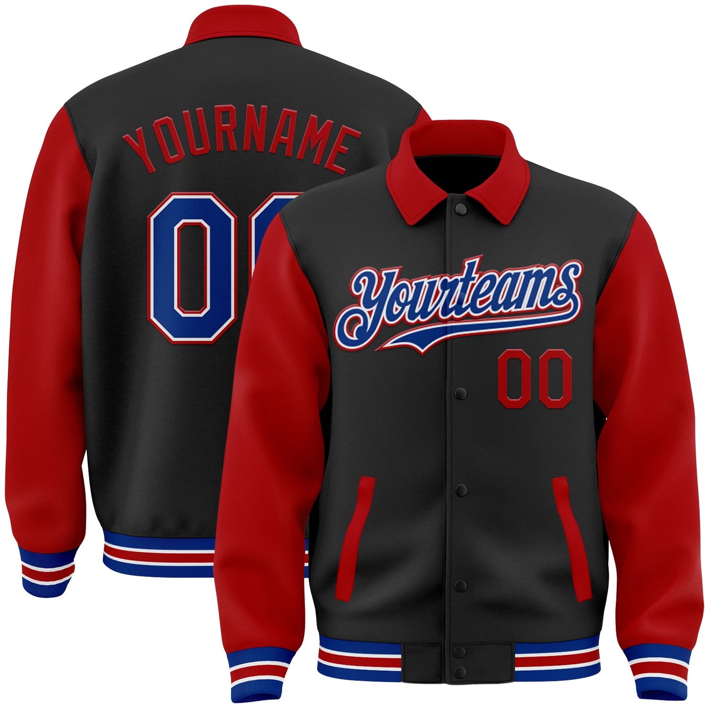 Custom Black Royal-Red Bomber Full-Snap Varsity Letterman Two Tone Lapel Collar Byron Jacket - Main View