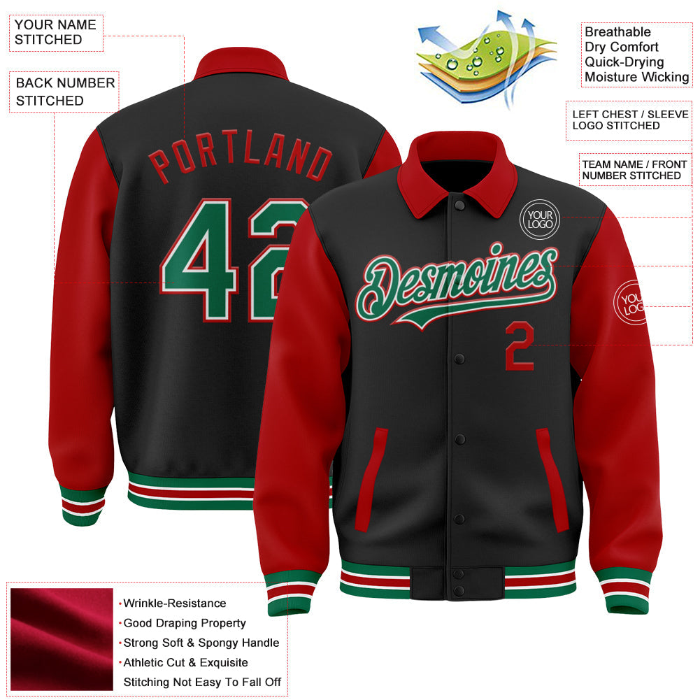 Custom Black Kelly Green-Red Bomber Full-Snap Varsity Letterman Two Tone Lapel Collar Byron Jacket view 3