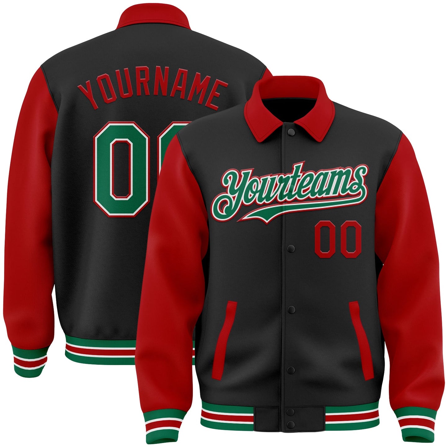 Custom Black Kelly Green-Red Bomber Full-Snap Varsity Letterman Two Tone Lapel Collar Byron Jacket - Main View