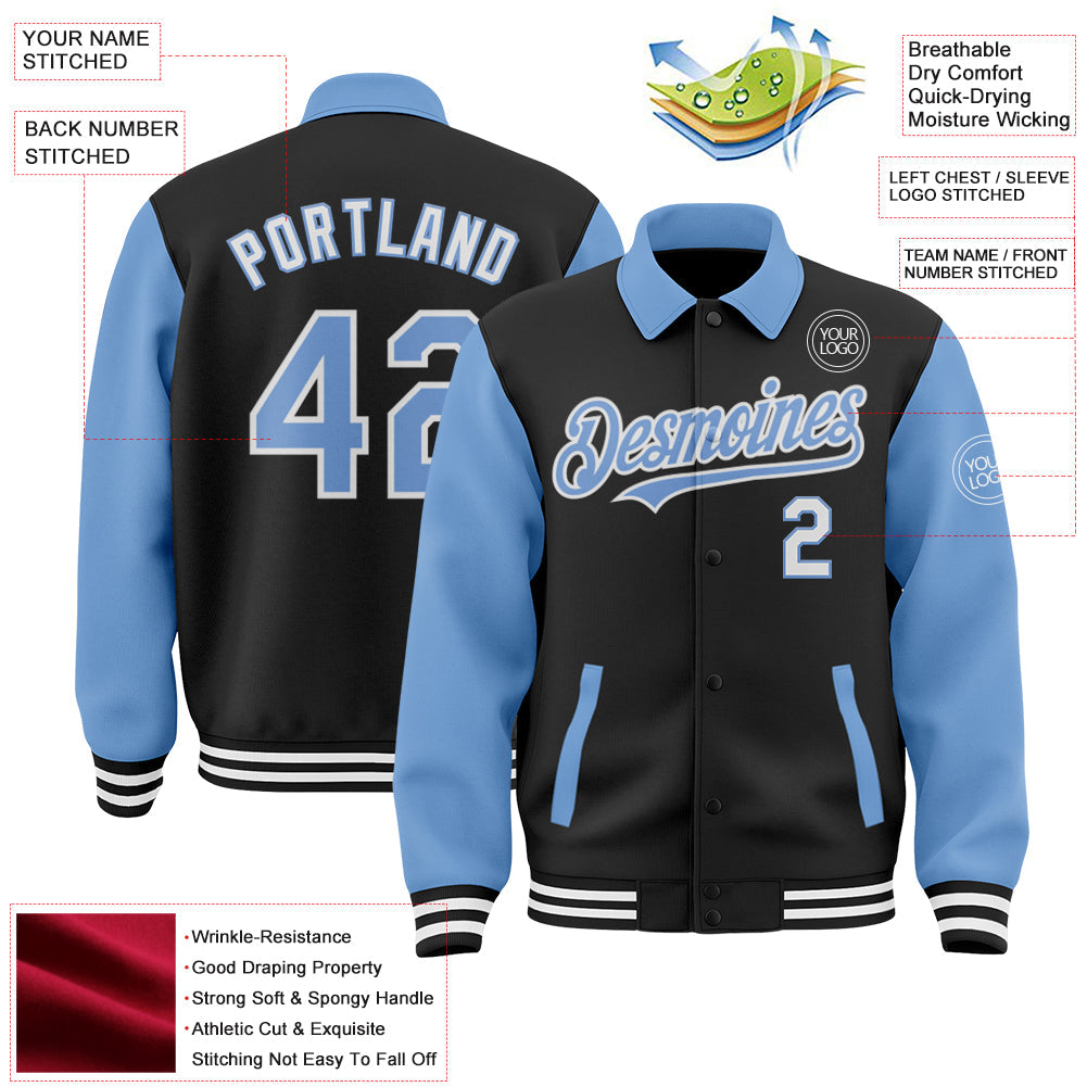 Custom Black Light Blue-White Bomber Full-Snap Varsity Letterman Two Tone Lapel Collar Byron Jacket view 3