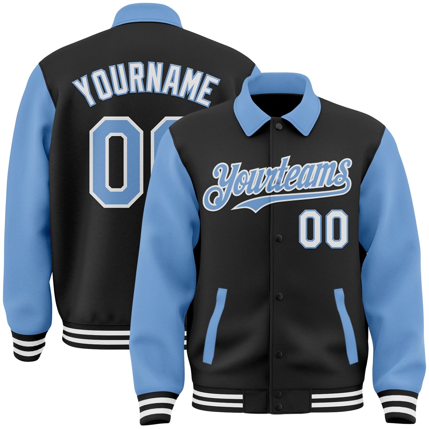 Custom Black Light Blue-White Bomber Full-Snap Varsity Letterman Two Tone Lapel Collar Byron Jacket - Main View