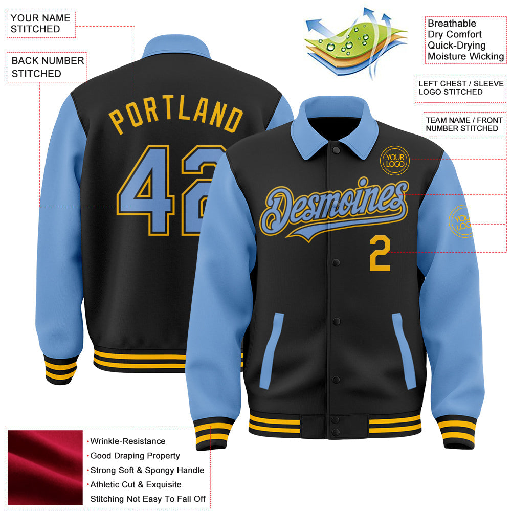 Custom Black Light Blue-Gold Bomber Full-Snap Varsity Letterman Two Tone Lapel Collar Byron Jacket view 3