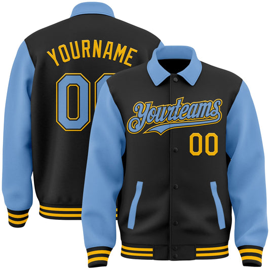 Custom Black Light Blue-Gold Bomber Full-Snap Varsity Letterman Two Tone Lapel Collar Byron Jacket - Main View