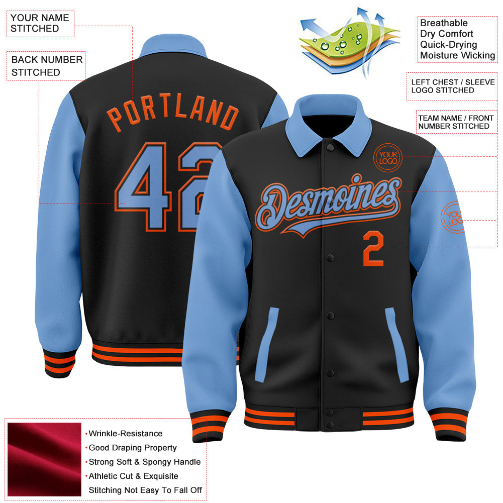Custom Black Light Blue-Orange Bomber Full-Snap Varsity Letterman Two Tone Lapel Collar Byron Jacket view 3