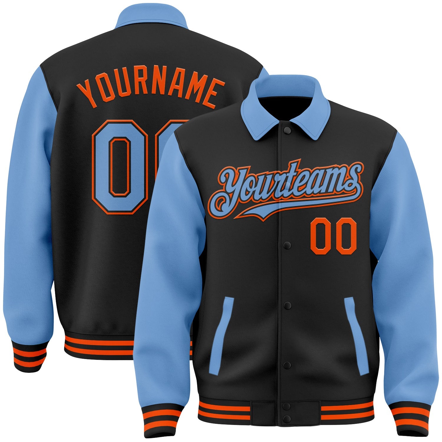 Custom Black Light Blue-Orange Bomber Full-Snap Varsity Letterman Two Tone Lapel Collar Byron Jacket - Main View