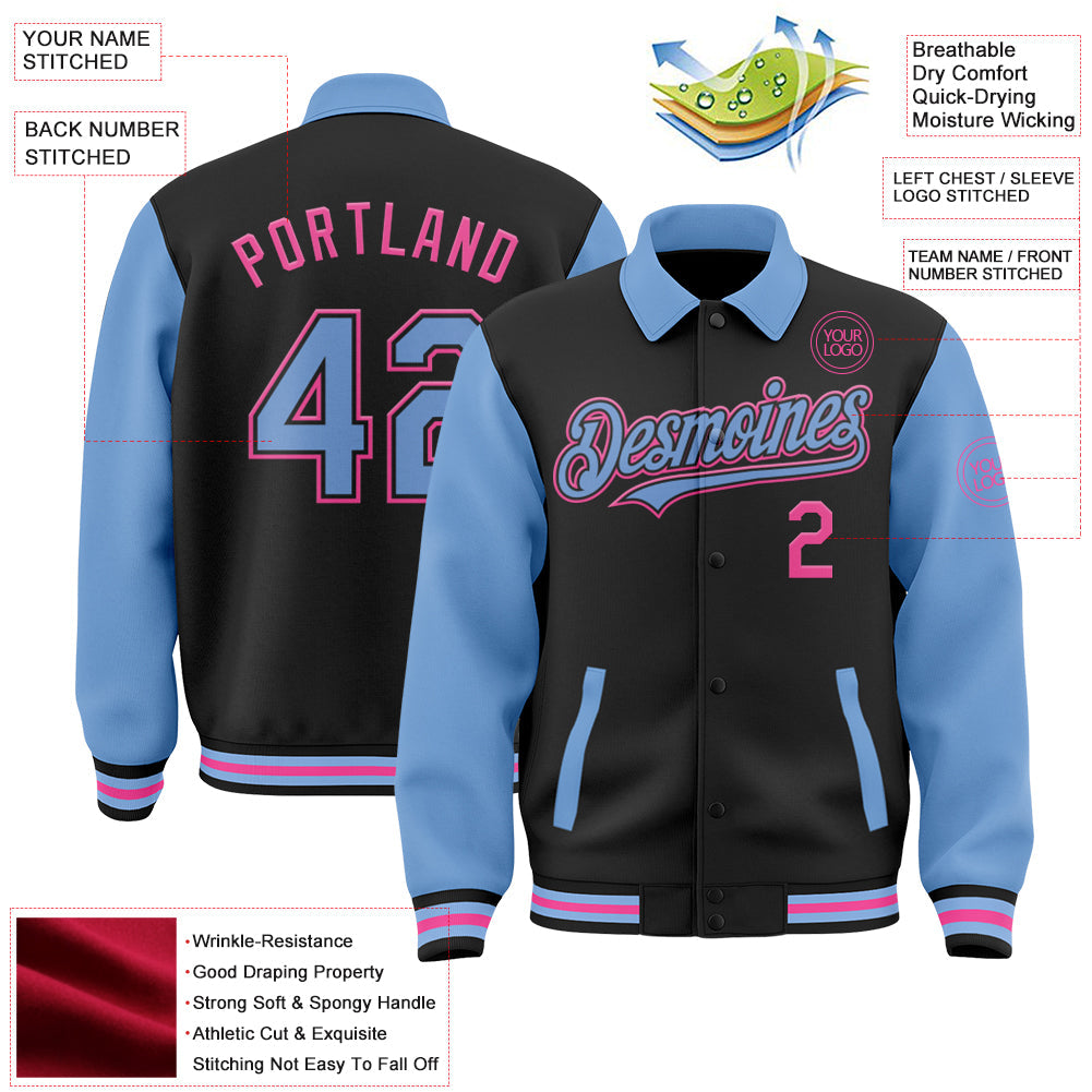 Custom Black Light Blue-Pink Bomber Full-Snap Varsity Letterman Two Tone Lapel Collar Byron Jacket view 3