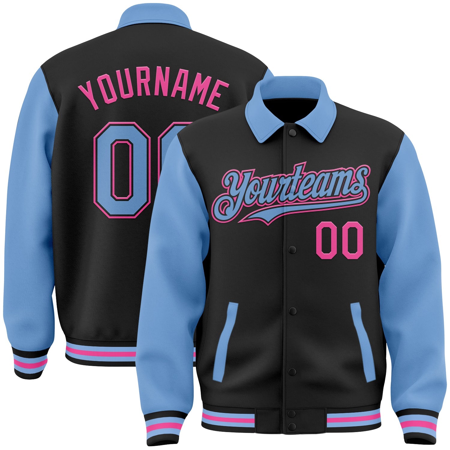 Custom Black Light Blue-Pink Bomber Full-Snap Varsity Letterman Two Tone Lapel Collar Byron Jacket - Main View