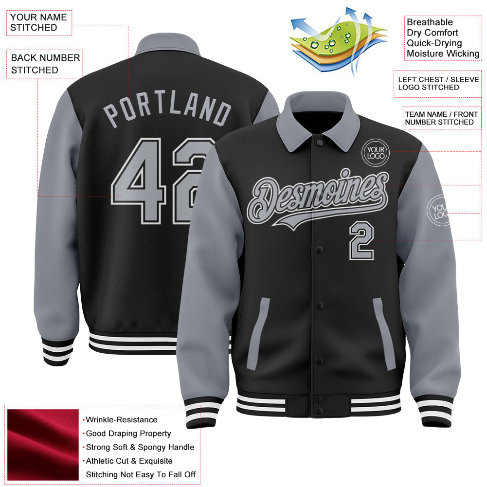 Custom Black Gray-White Bomber Full-Snap Varsity Letterman Two Tone Lapel Collar Byron Jacket view 3