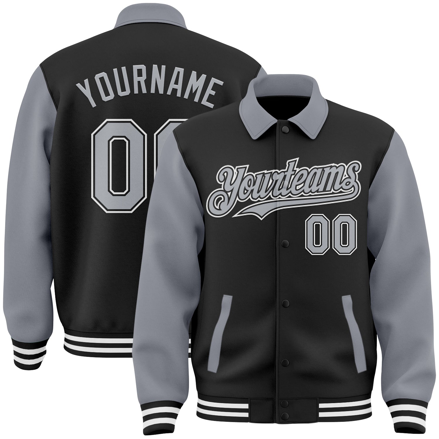 Custom Black Gray-White Bomber Full-Snap Varsity Letterman Two Tone Lapel Collar Byron Jacket - Main View