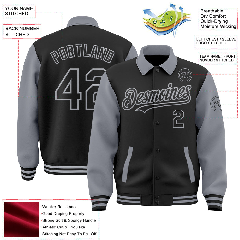 Custom Black Gray Bomber Full-Snap Varsity Letterman Two Tone Lapel Collar Byron Jacket view 3