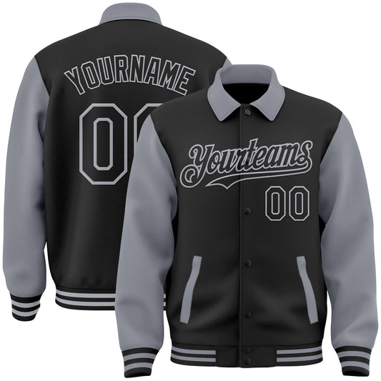 Custom Black Gray Bomber Full-Snap Varsity Letterman Two Tone Lapel Collar Byron Jacket - Main View