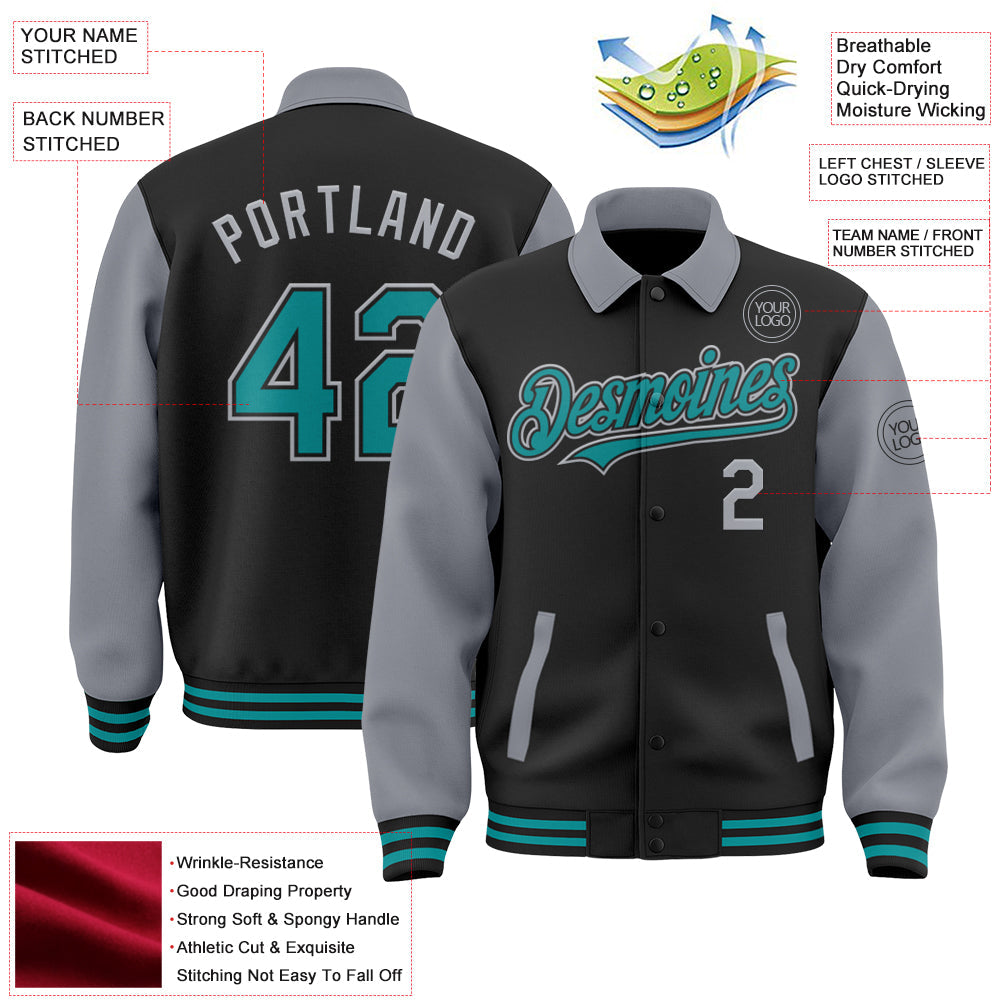 Custom Black Teal-Gray Bomber Full-Snap Varsity Letterman Two Tone Lapel Collar Byron Jacket view 3