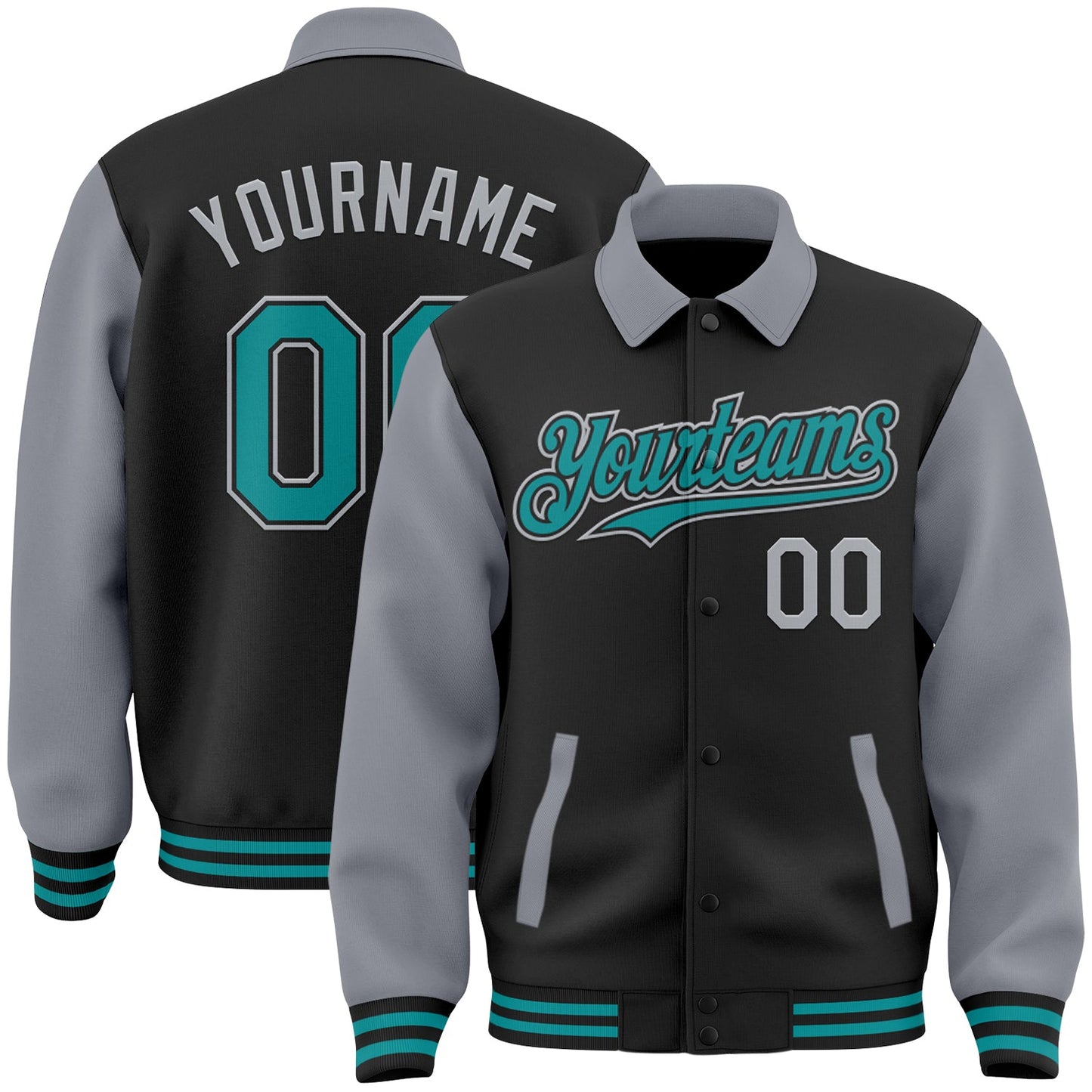 Custom Black Teal-Gray Bomber Full-Snap Varsity Letterman Two Tone Lapel Collar Byron Jacket - Main View
