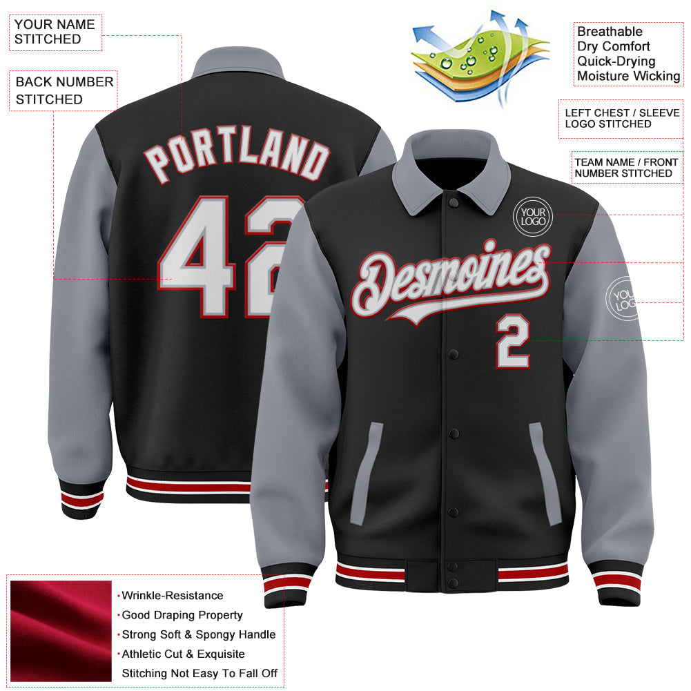 Custom Black Gray-Red Bomber Full-Snap Varsity Letterman Two Tone Lapel Collar Byron Jacket view 3