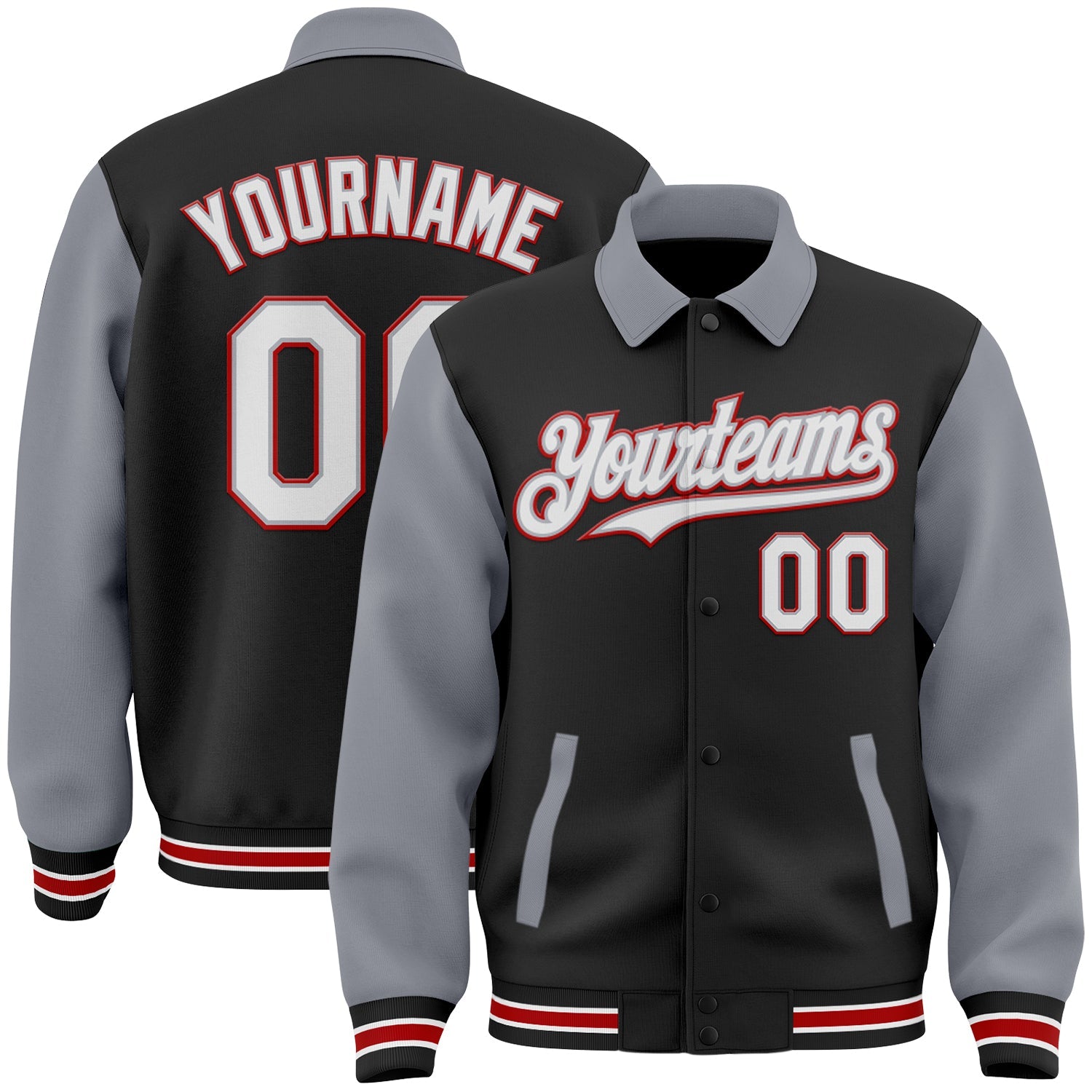 Custom Black Gray-Red Bomber Full-Snap Varsity Letterman Two Tone Lapel Collar Byron Jacket - Main View