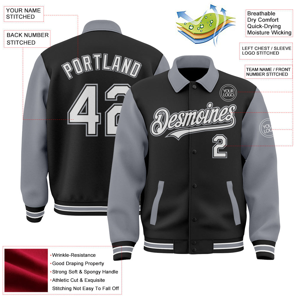 Custom Black White-Gray Bomber Full-Snap Varsity Letterman Two Tone Lapel Collar Byron Jacket view 3