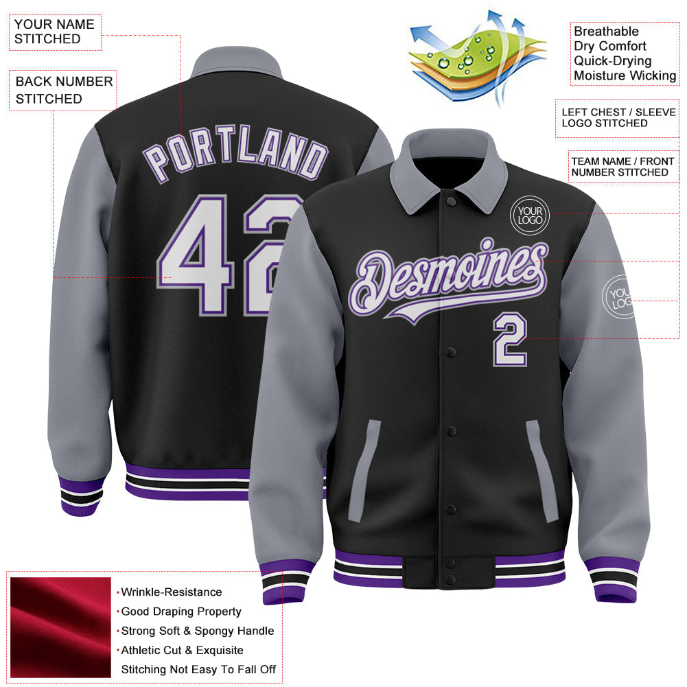 Custom Black Gray-Purple Bomber Full-Snap Varsity Letterman Two Tone Lapel Collar Byron Jacket view 3