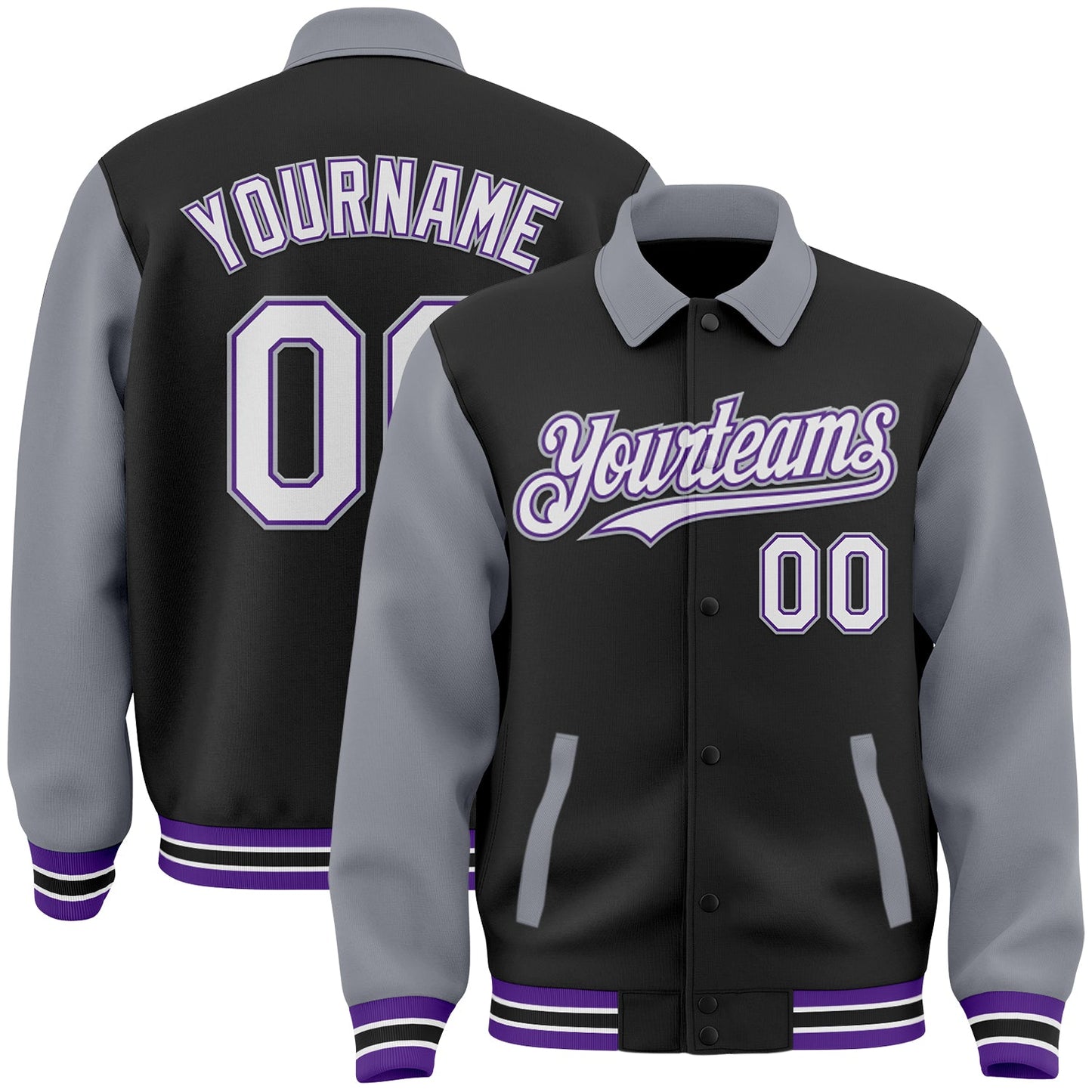 Custom Black Gray-Purple Bomber Full-Snap Varsity Letterman Two Tone Lapel Collar Byron Jacket - Main View
