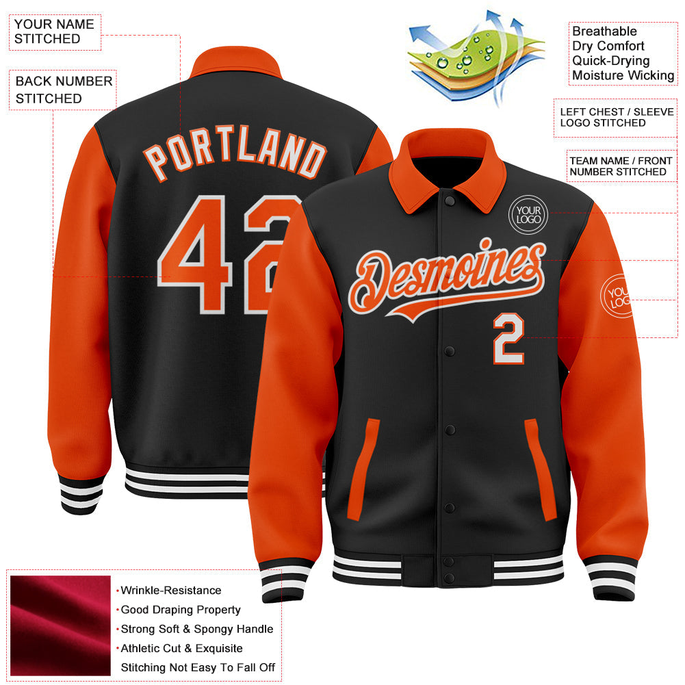 Custom Black Orange-White Bomber Full-Snap Varsity Letterman Two Tone Lapel Collar Byron Jacket view 3