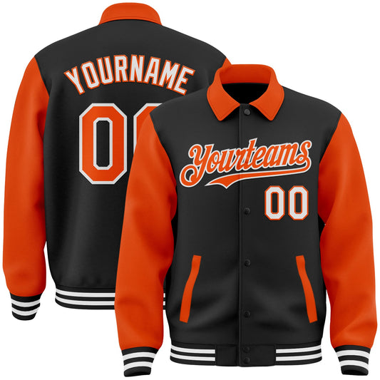 Custom Black Orange-White Bomber Full-Snap Varsity Letterman Two Tone Lapel Collar Byron Jacket - Main View