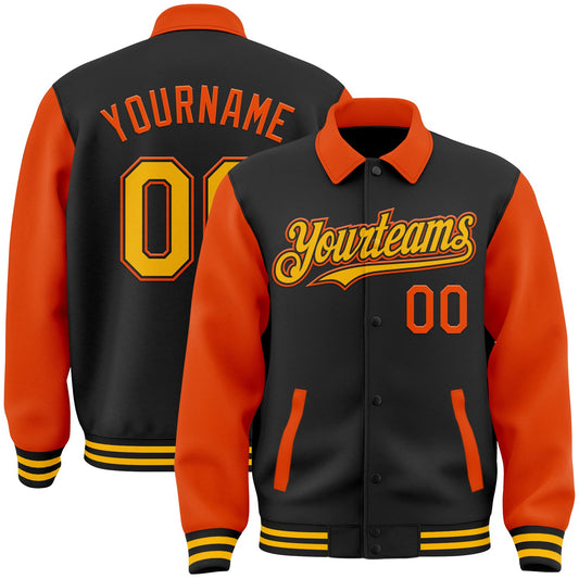Custom Black Gold-Orange Bomber Full-Snap Varsity Letterman Two Tone Lapel Collar Byron Jacket - Main View