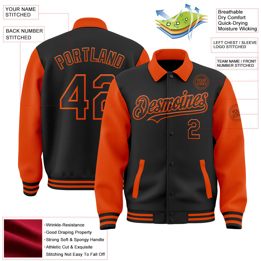 Custom Black Orange Bomber Full-Snap Varsity Letterman Two Tone Lapel Collar Byron Jacket view 3