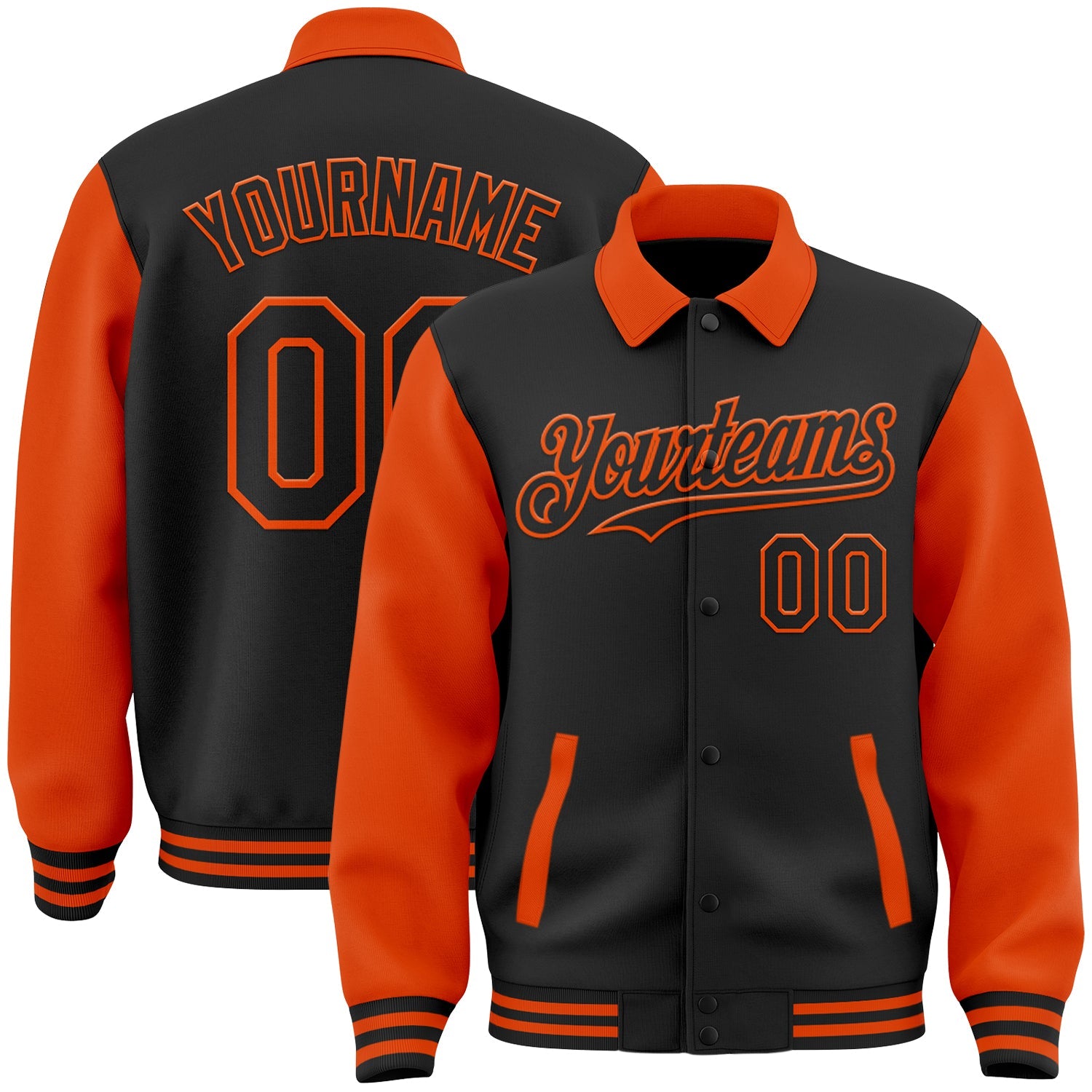 Custom Black Orange Bomber Full-Snap Varsity Letterman Two Tone Lapel Collar Byron Jacket - Main View
