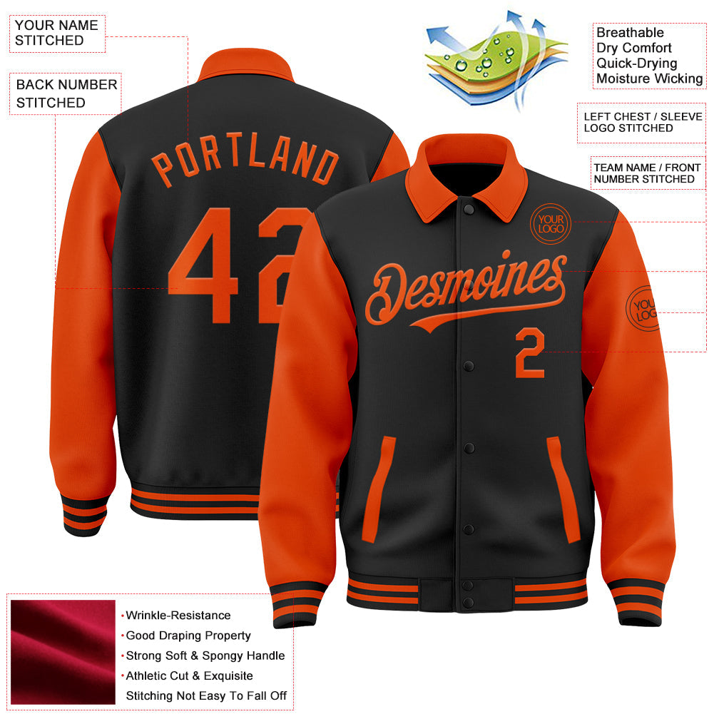 Custom Black Orange Bomber Full-Snap Varsity Letterman Two Tone Lapel Collar Byron Jacket view 3