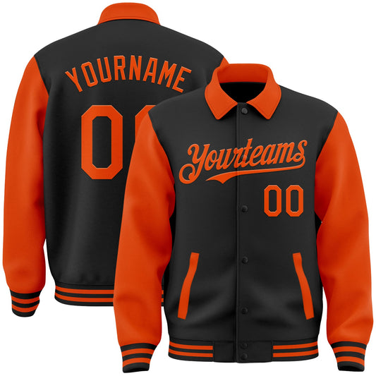 Custom Black Orange Bomber Full-Snap Varsity Letterman Two Tone Lapel Collar Byron Jacket - Main View