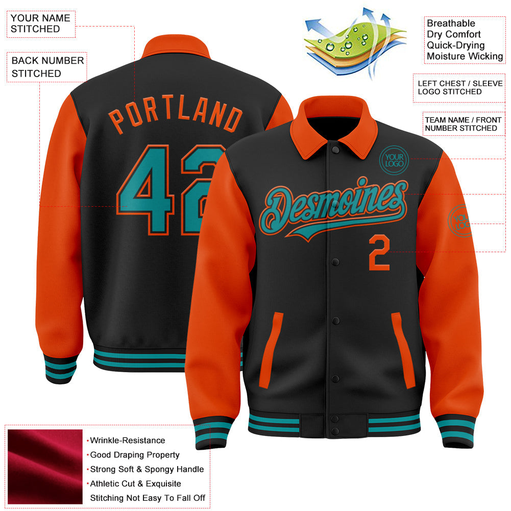 Custom Black Teal-Orange Bomber Full-Snap Varsity Letterman Two Tone Lapel Collar Byron Jacket view 3