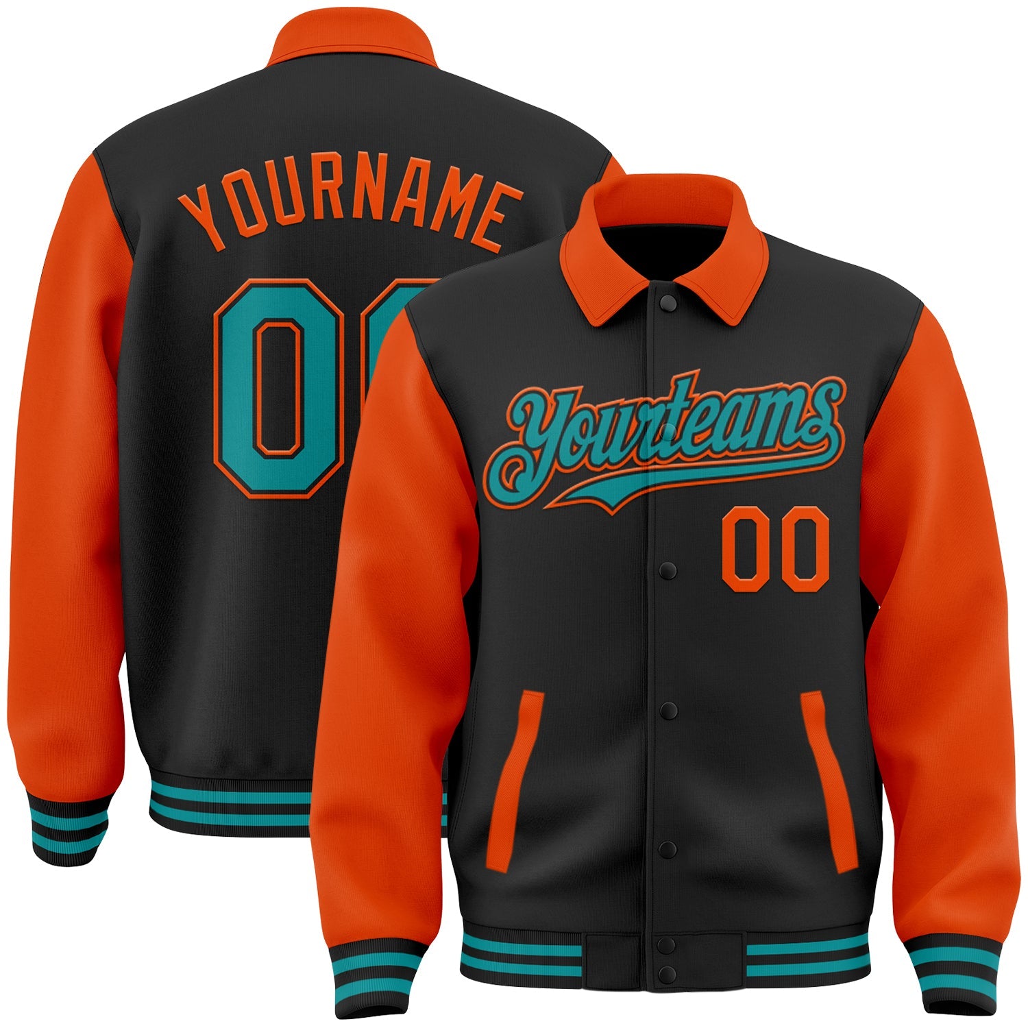 Custom Black Teal-Orange Bomber Full-Snap Varsity Letterman Two Tone Lapel Collar Byron Jacket - Main View
