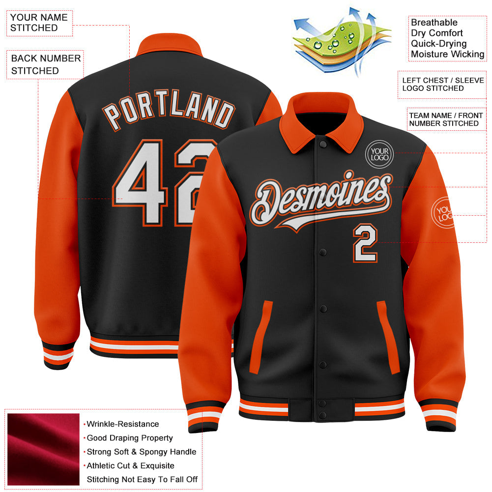 Custom Black White-Orange Bomber Full-Snap Varsity Letterman Two Tone Lapel Collar Byron Jacket view 3