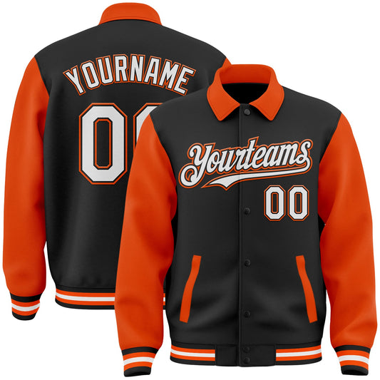 Custom Black White-Orange Bomber Full-Snap Varsity Letterman Two Tone Lapel Collar Byron Jacket - Main View