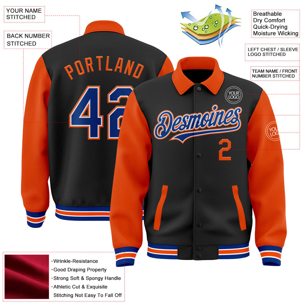 Custom Black Royal-Orange Bomber Full-Snap Varsity Letterman Two Tone Lapel Collar Byron Jacket view 3