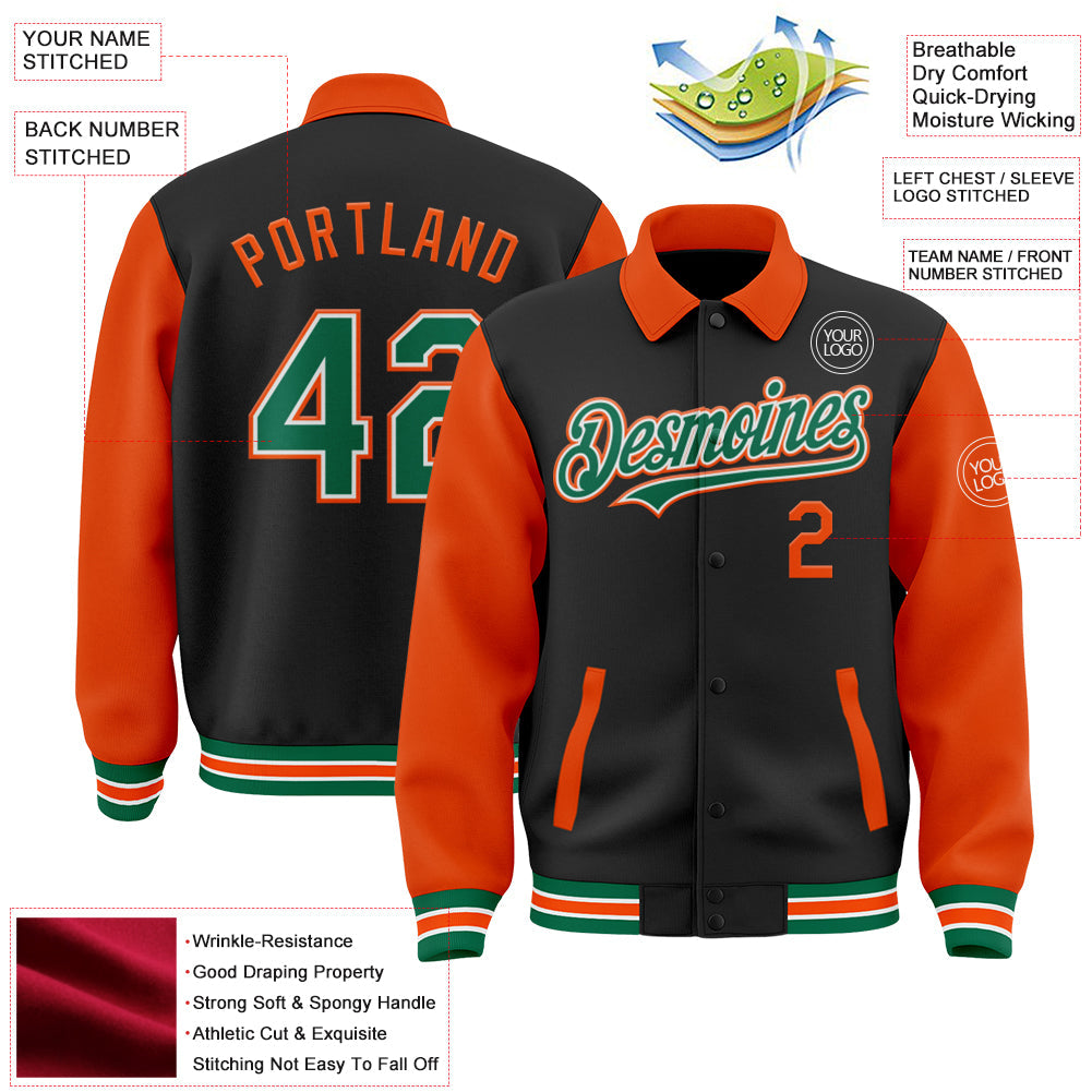 Custom Black Kelly Green-Orange Bomber Full-Snap Varsity Letterman Two Tone Lapel Collar Byron Jacket view 3
