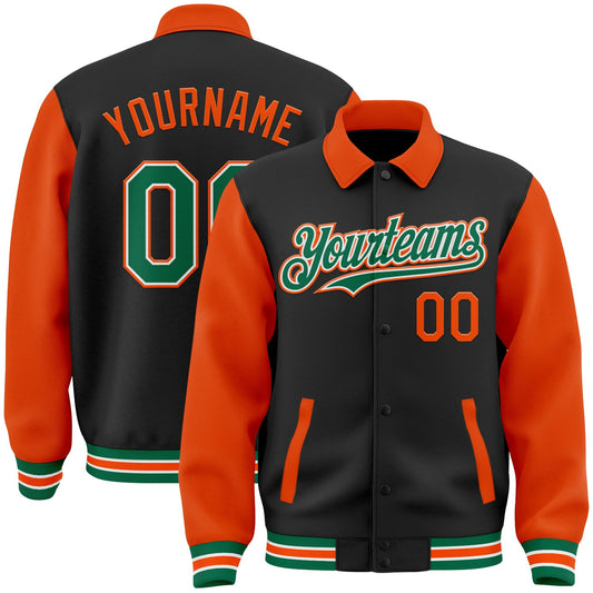 Custom Black Kelly Green-Orange Bomber Full-Snap Varsity Letterman Two Tone Lapel Collar Byron Jacket - Main View