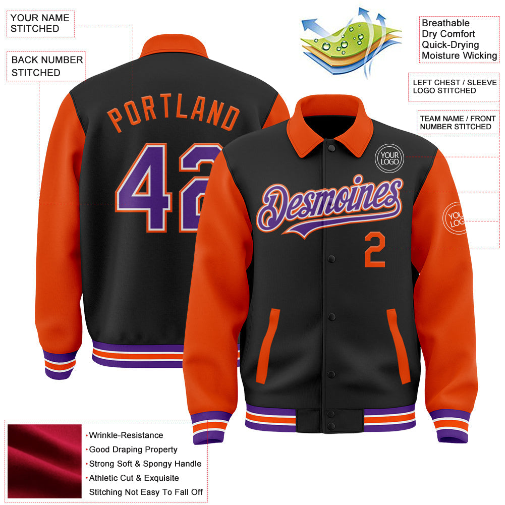 Custom Black Purple-Orange Bomber Full-Snap Varsity Letterman Two Tone Lapel Collar Byron Jacket view 3
