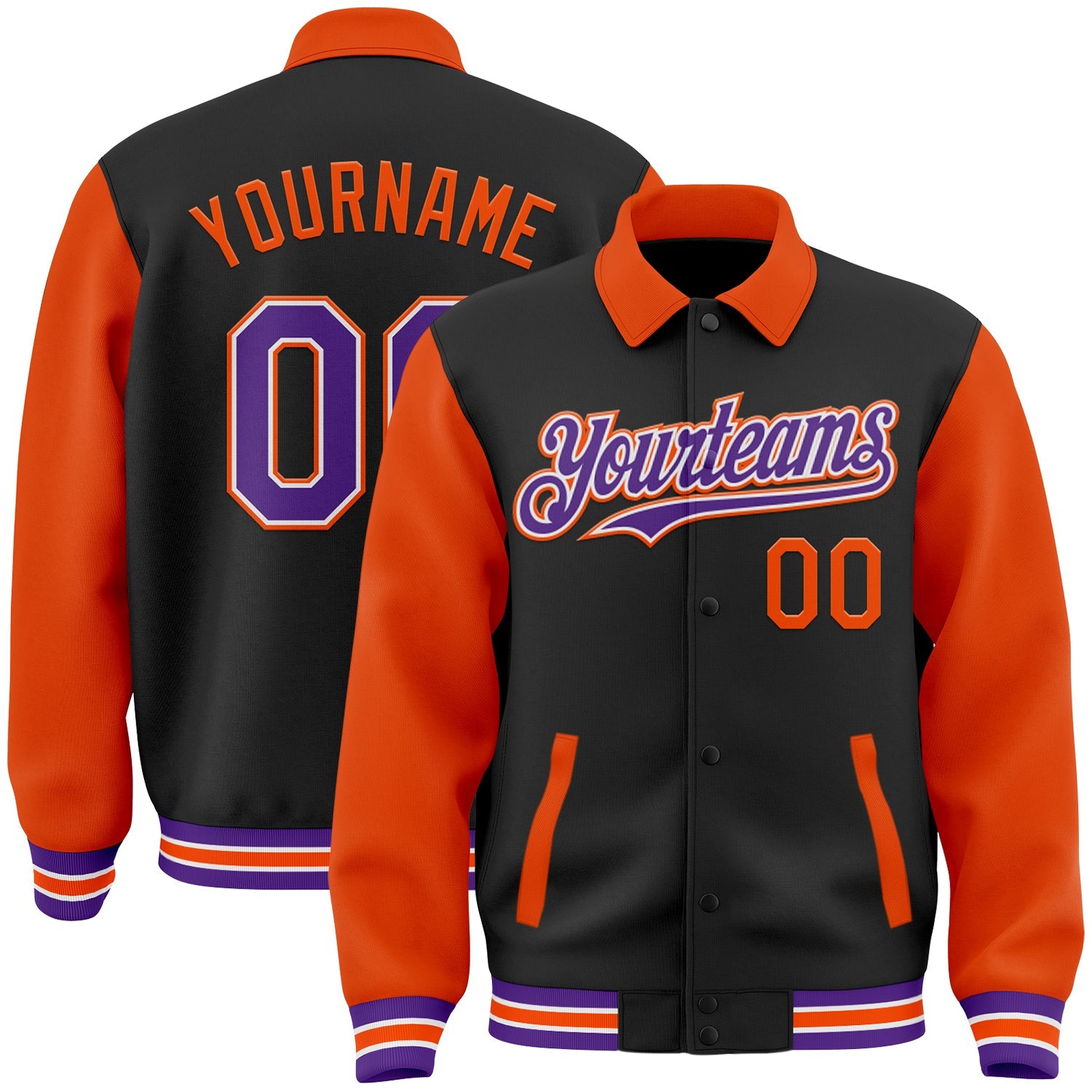 Custom Black Purple-Orange Bomber Full-Snap Varsity Letterman Two Tone Lapel Collar Byron Jacket - Main View
