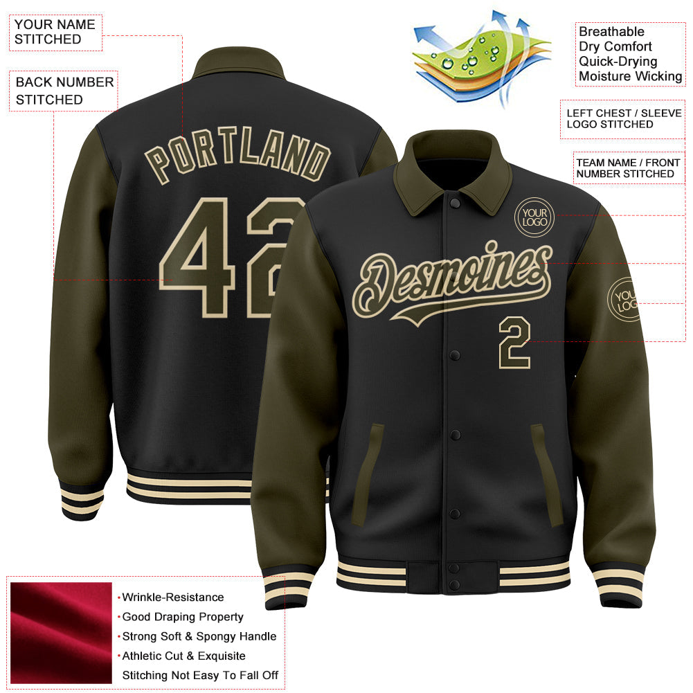 Custom Black Olive-Cream Bomber Full-Snap Varsity Letterman Two Tone Lapel Collar Byron Jacket view 3