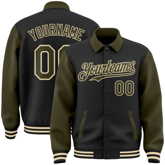 Custom Black Olive-Cream Bomber Full-Snap Varsity Letterman Two Tone Lapel Collar Byron Jacket - Main View