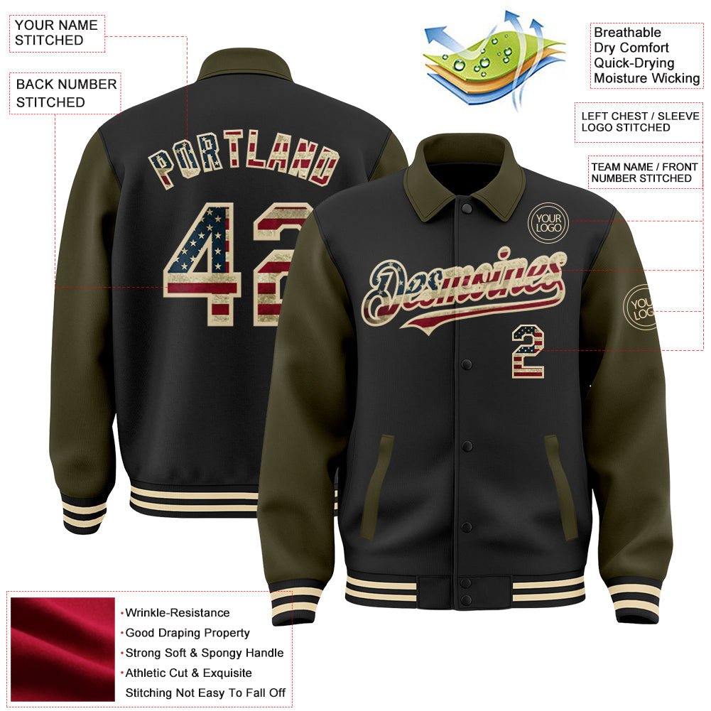 Custom Black Vintage USA Flag Olive-Cream Bomber Full-Snap Varsity Letterman Two Tone Lapel Collar Byron Jacket view 3
