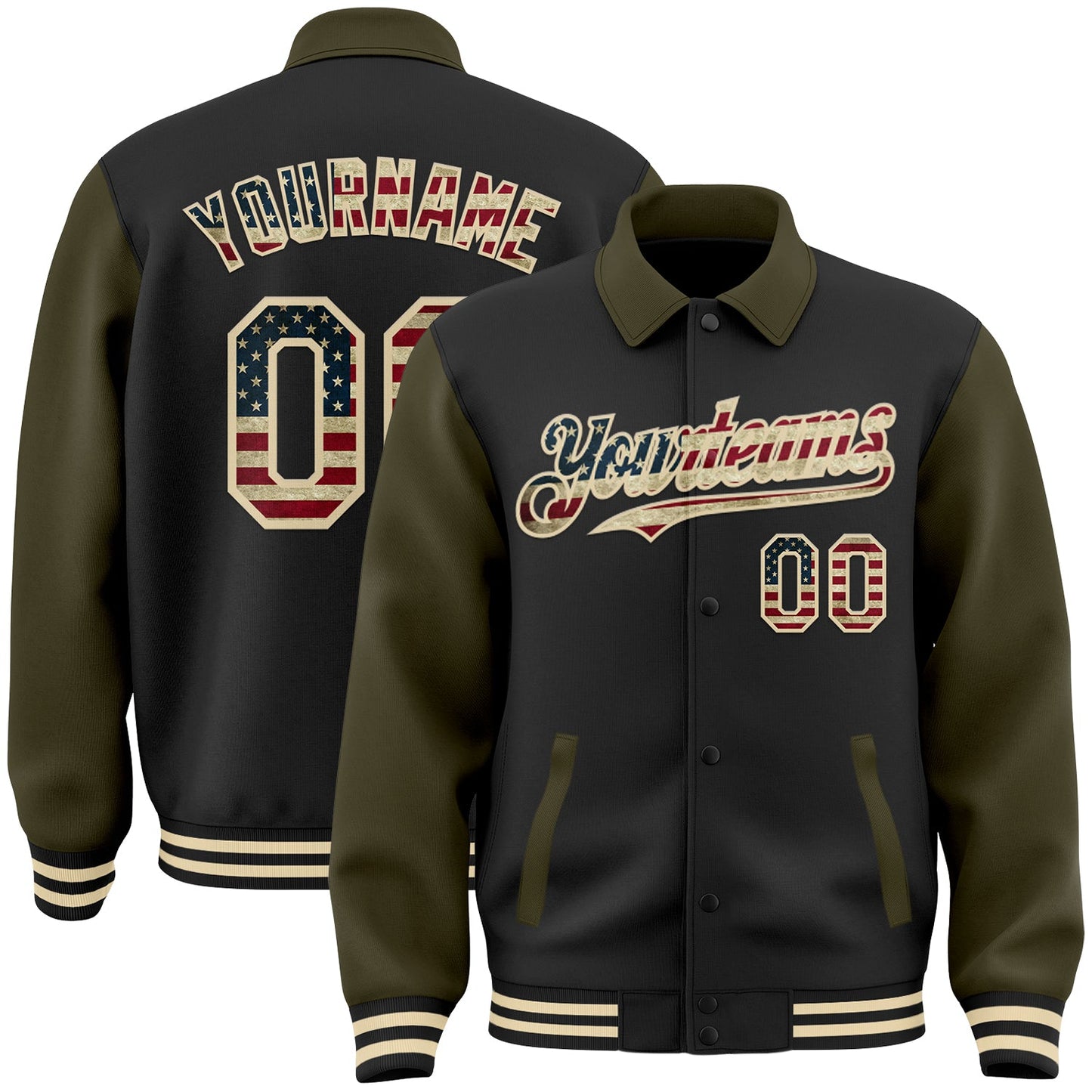 Custom Black Vintage USA Flag Olive-Cream Bomber Full-Snap Varsity Letterman Two Tone Lapel Collar Byron Jacket - Main View