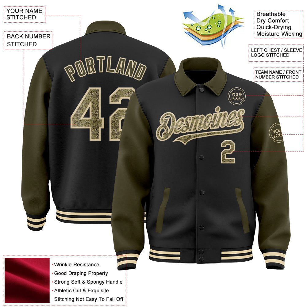 Custom Black Camo Olive-Cream Bomber Full-Snap Varsity Letterman Two Tone Lapel Collar Byron Jacket view 3