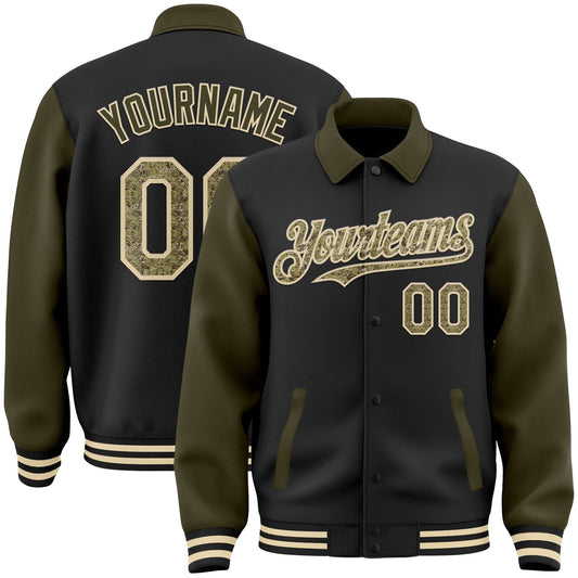 Custom Black Camo Olive-Cream Bomber Full-Snap Varsity Letterman Two Tone Lapel Collar Byron Jacket - Main View
