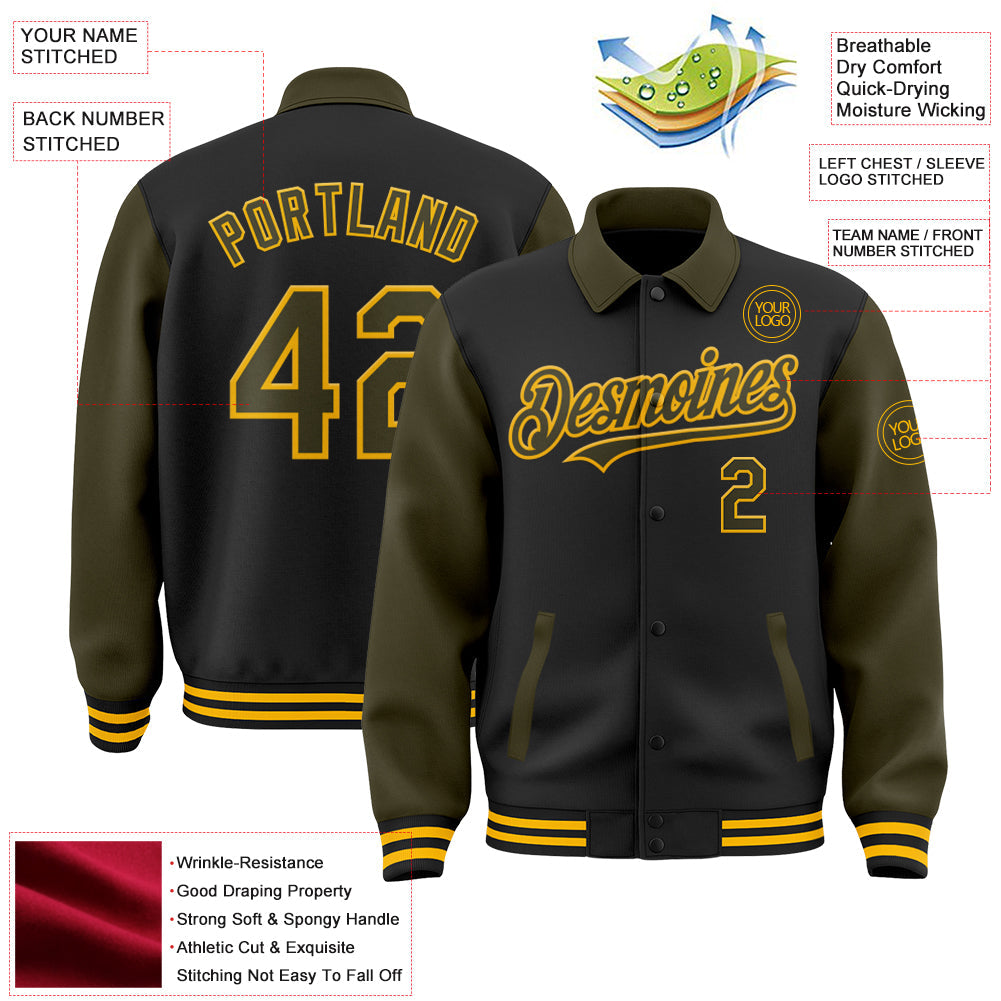 Custom Black Olive-Gold Bomber Full-Snap Varsity Letterman Two Tone Lapel Collar Byron Jacket view 3