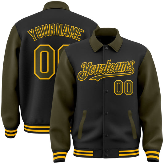 Custom Black Olive-Gold Bomber Full-Snap Varsity Letterman Two Tone Lapel Collar Byron Jacket - Main View