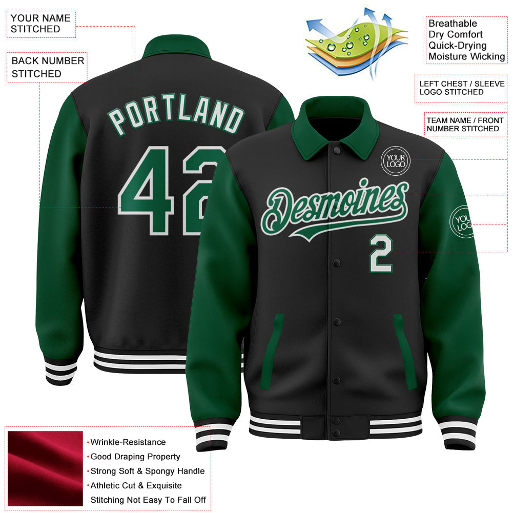 Custom Black Kelly Green-White Bomber Full-Snap Varsity Letterman Two Tone Lapel Collar Byron Jacket view 3