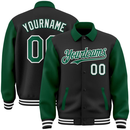 Custom Black Kelly Green-White Bomber Full-Snap Varsity Letterman Two Tone Lapel Collar Byron Jacket - Main View