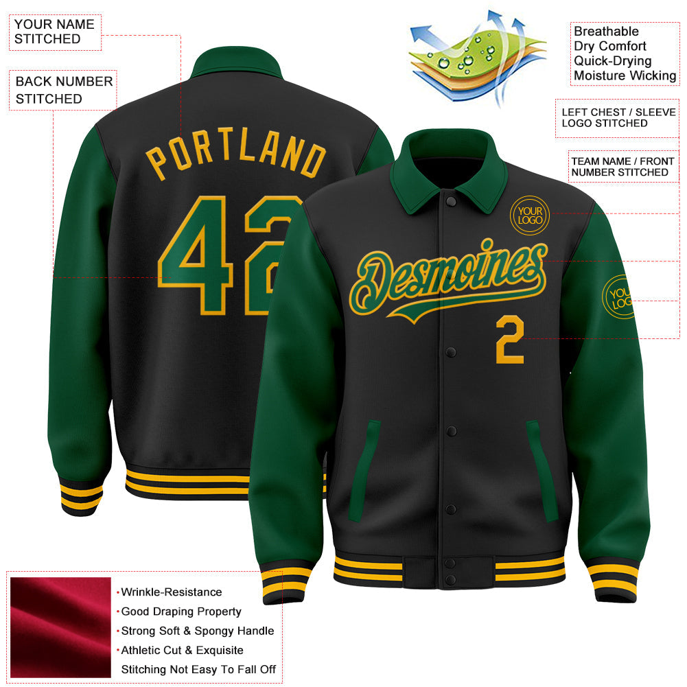 Custom Black Kelly Green-Gold Bomber Full-Snap Varsity Letterman Two Tone Lapel Collar Byron Jacket view 3