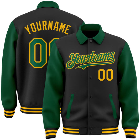 Custom Black Kelly Green-Gold Bomber Full-Snap Varsity Letterman Two Tone Lapel Collar Byron Jacket - Main View
